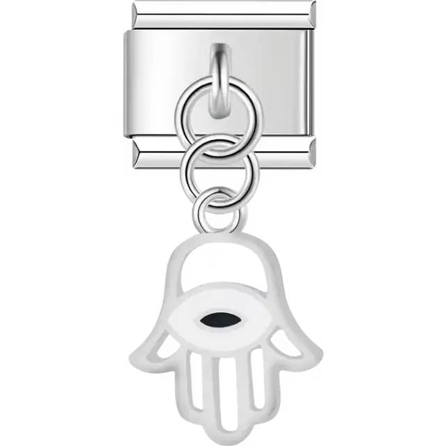 White hamsa hand black evil eye dangle Italian charm bracelet link