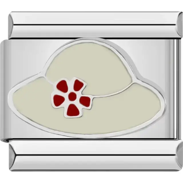 White hat design with a red flower accent Italian charm bracelet link