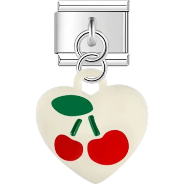 White heart-shaped dangle with red cherries and green leaves Italian charm bracelet link