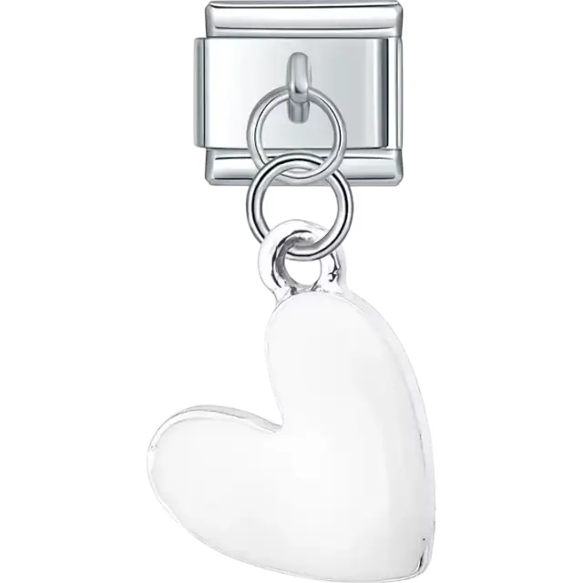 White heart design in a dangle style Italian charm bracelet link