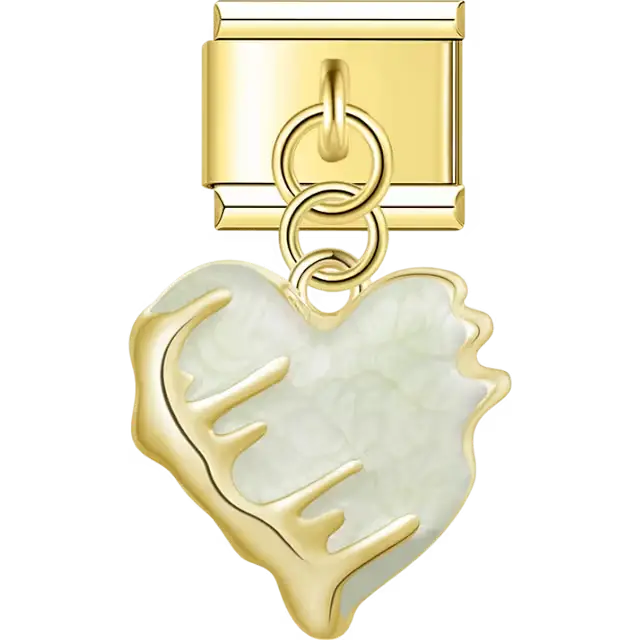 Gold trim heart with textured white enamel Italian charm bracelet link