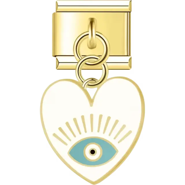 White heart-shaped dangle with a centered blue evil eye and gold-tone rays Italian charm bracelet link