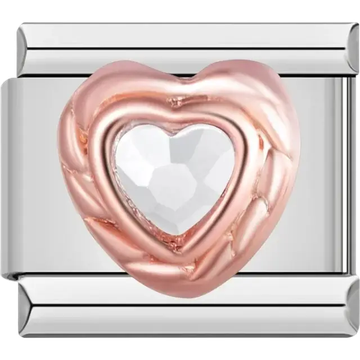 White heart-shaped stone with rose gold border Italian charm bracelet link