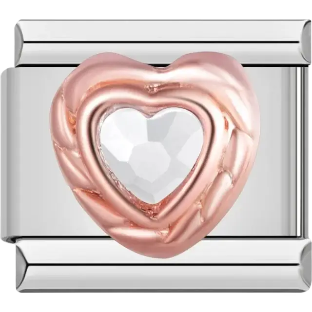 White heart-shaped stone with rose gold border Italian charm bracelet link