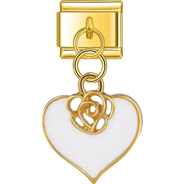 Heart-shaped dangle in white with a rose detail Italian charm bracelet link