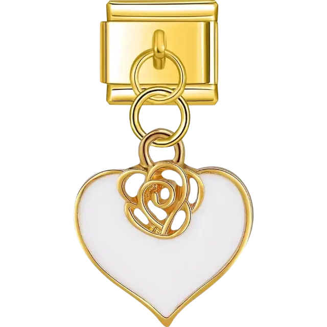 Heart-shaped dangle in white with a rose detail Italian charm bracelet link