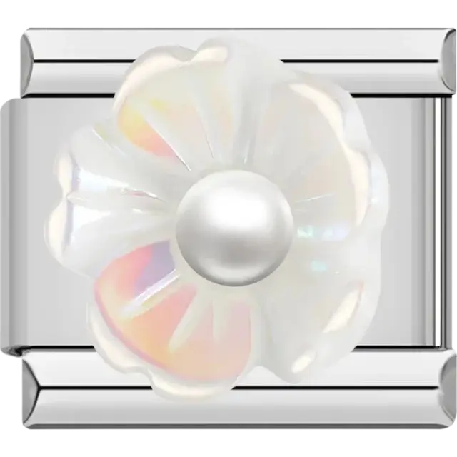 White iridescent flower with pearl center Italian charm bracelet link