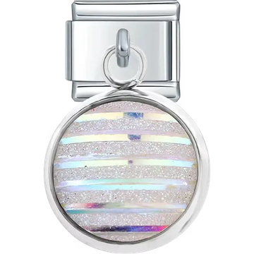 Round dangle with white iridescent glitter and horizontal stripe pattern Italian charm bracelet link