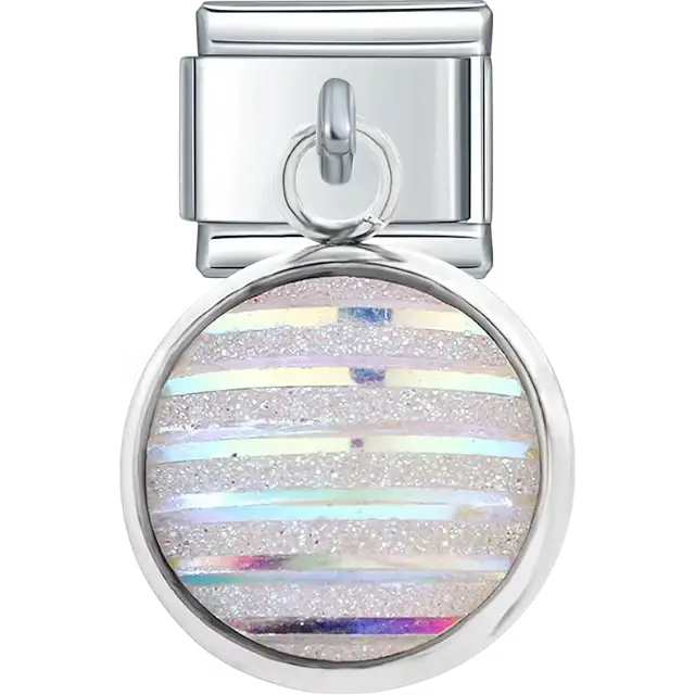 Round dangle with white iridescent glitter and horizontal stripe pattern Italian charm bracelet link