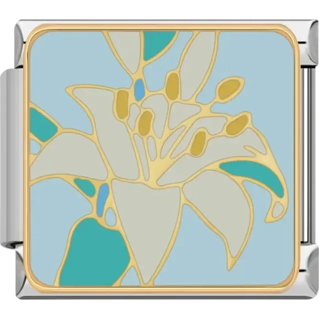 White lily on light blue Italian charm bracelet link
