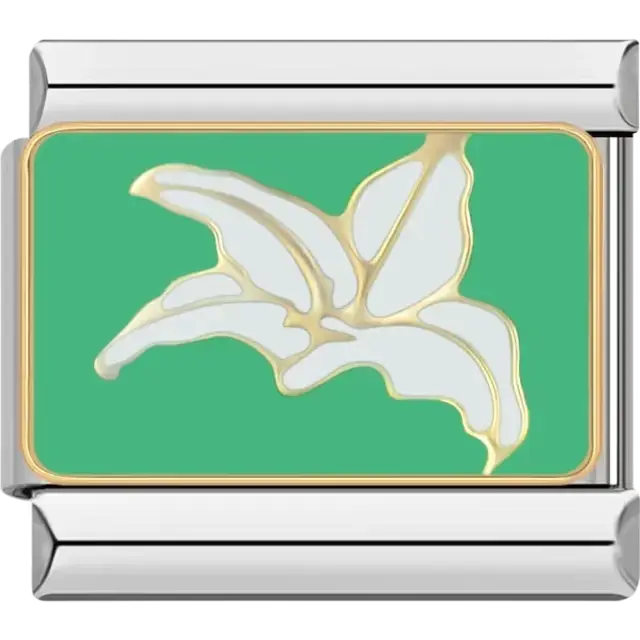 White lily flower with gold outlines on a green background Italian charm bracelet link
