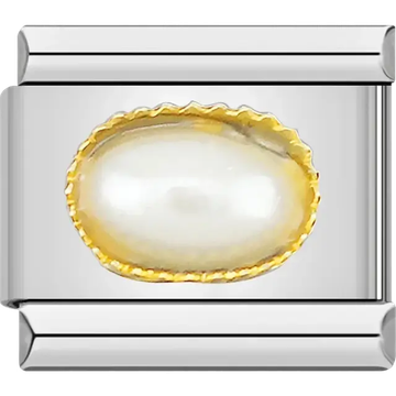 White oval pearl with gold border Italian charm bracelet link