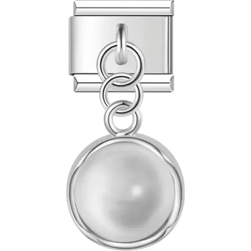 White pearl set in a silver frame with a simple dangle design Italian charm bracelet link