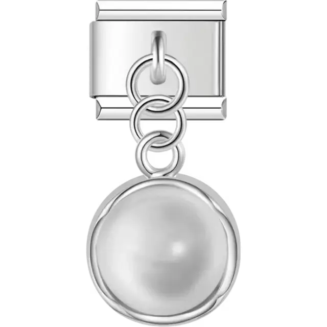 White pearl set in a silver frame with a simple dangle design Italian charm bracelet link