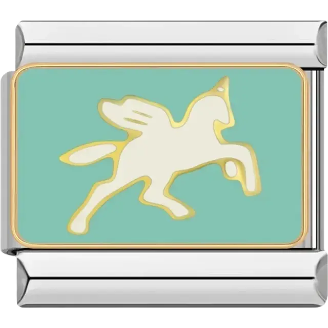 White pegasus on teal background Italian charm bracelet link