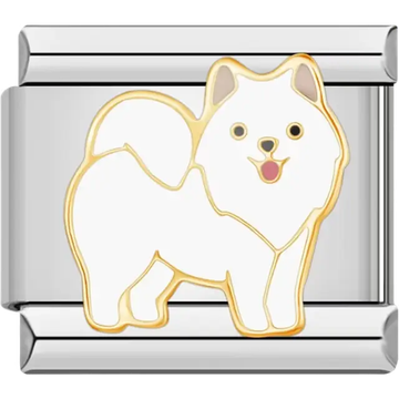 White Pomeranian dog design with gold accents Italian charm bracelet link
