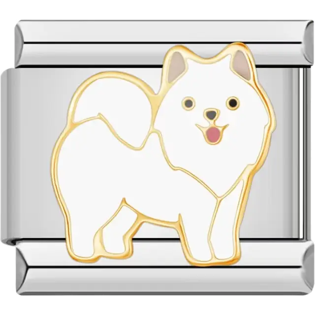 White Pomeranian dog design with gold accents Italian charm bracelet link