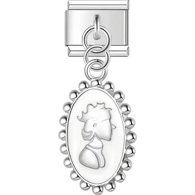 White oval cameo with queen silhouette profile beaded border dangle Italian charm bracelet link