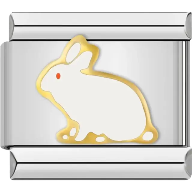 White rabbit with red eye outlined in gold Italian charm bracelet link