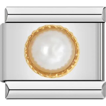 White round stone with gold border Italian charm bracelet link