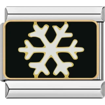 White snowflake design with gold accents on a black background Italian charm bracelet link