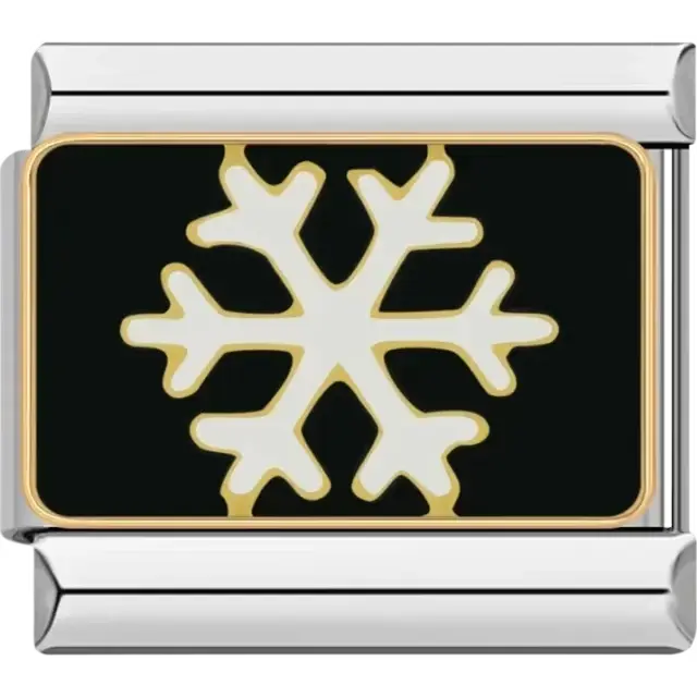 White snowflake design with gold accents on a black background Italian charm bracelet link
