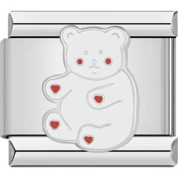 White teddy bear with red heart accents on its paws and chest Italian charm bracelet link