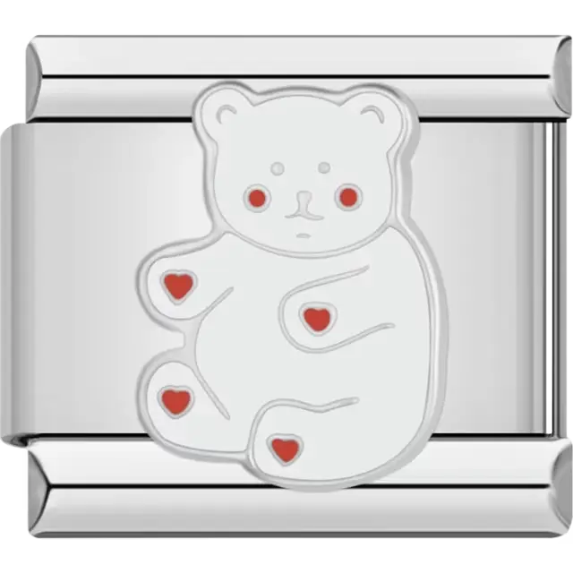 White teddy bear with red heart accents on its paws and chest Italian charm bracelet link