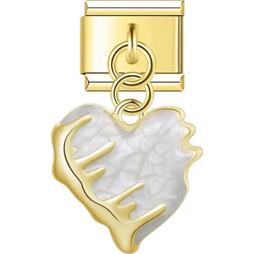 Gold trim heart with glossy textured white enamel Italian charm bracelet link