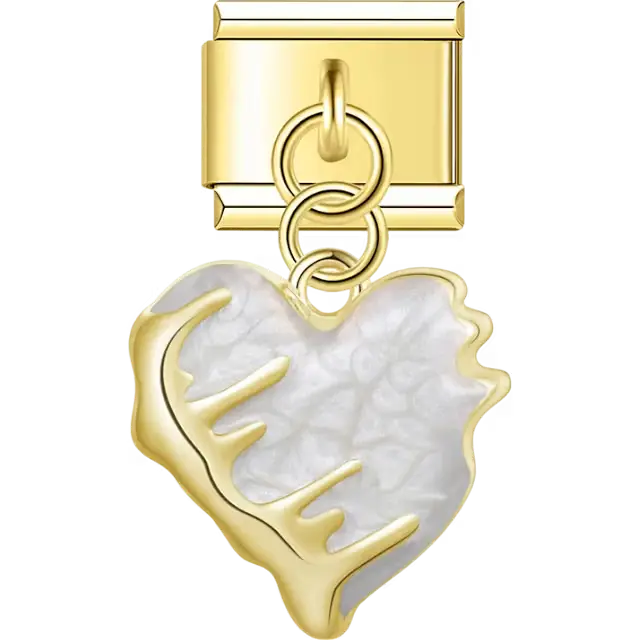 Gold trim heart with glossy textured white enamel Italian charm bracelet link