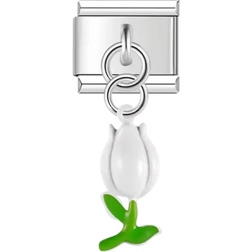 White tulip dangle with green stem and leaves Italian charm bracelet link