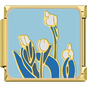 Gold outline white tulip flowers with blue stems and leaves on a light blue background Italian charm bracelet link
