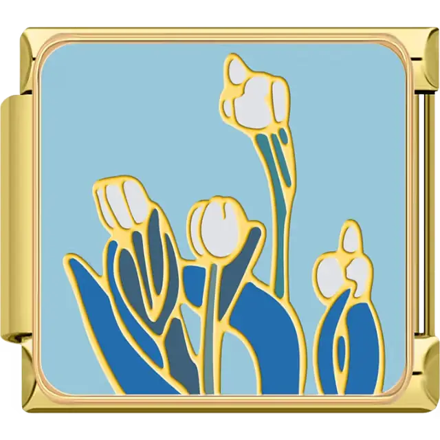 Gold outline white tulip flowers with blue stems and leaves on a light blue background Italian charm bracelet link