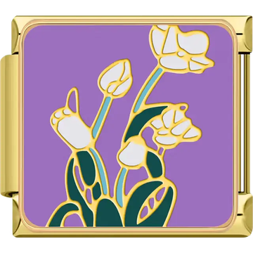 Gold outline white tulip flowers with green stems on a purple background Italian charm bracelet link