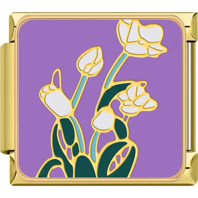 Gold outline white tulip flowers with green stems on a purple background Italian charm bracelet link