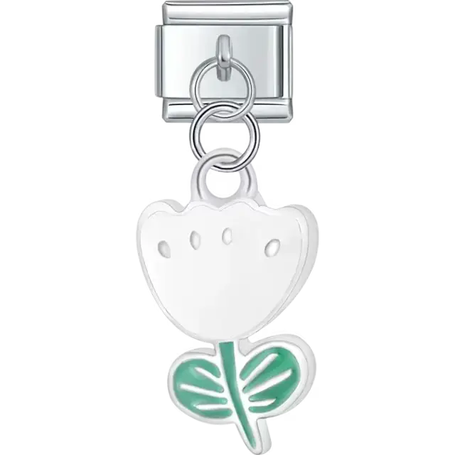 White tulip pendant with green leaves and silver outlining Italian charm bracelet link