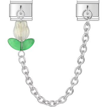 White tulip with green leaves connected by chain Italian charm bracelet link