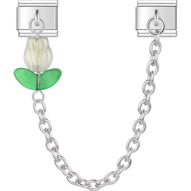 White tulip with green leaves connected by chain Italian charm bracelet link