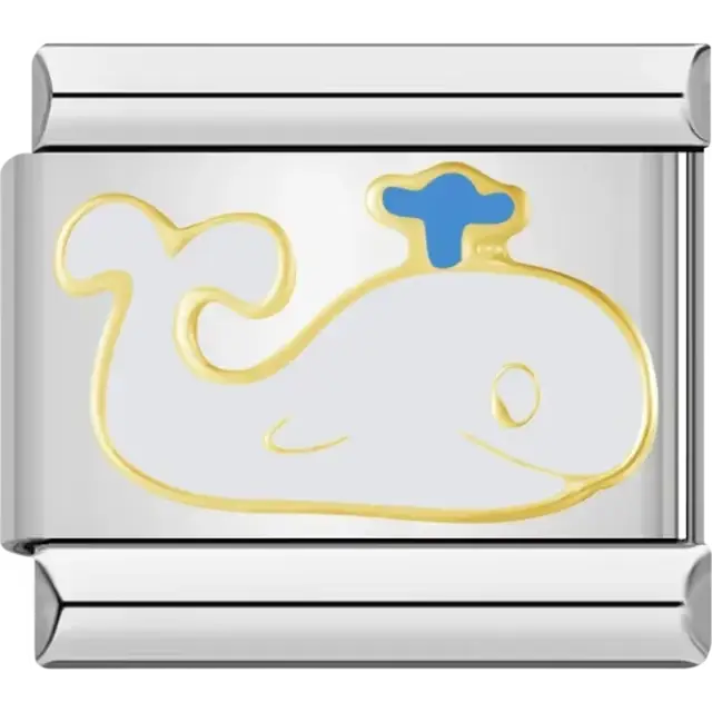 White whale with blue water spout gold outline Italian charm bracelet link