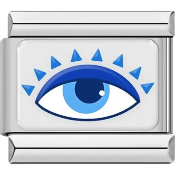 Wide blue evil eye design with triangular blue accents above it on a white background Italian charm bracelet link