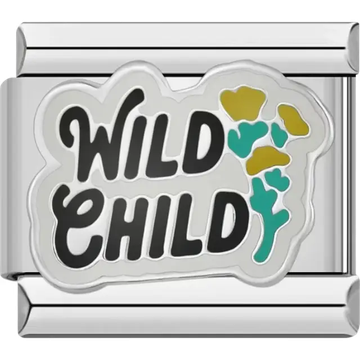 "Wild Child" text with mustard yellow and teal floral accents Italian charm bracelet link