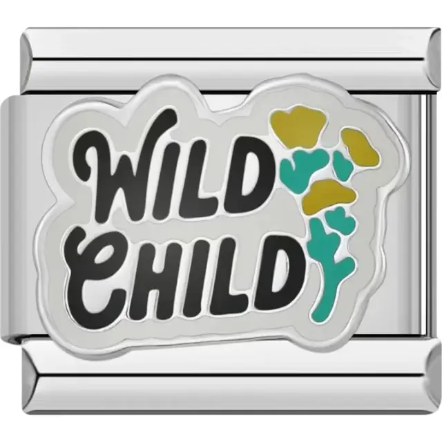 "Wild Child" text with mustard yellow and teal floral accents Italian charm bracelet link