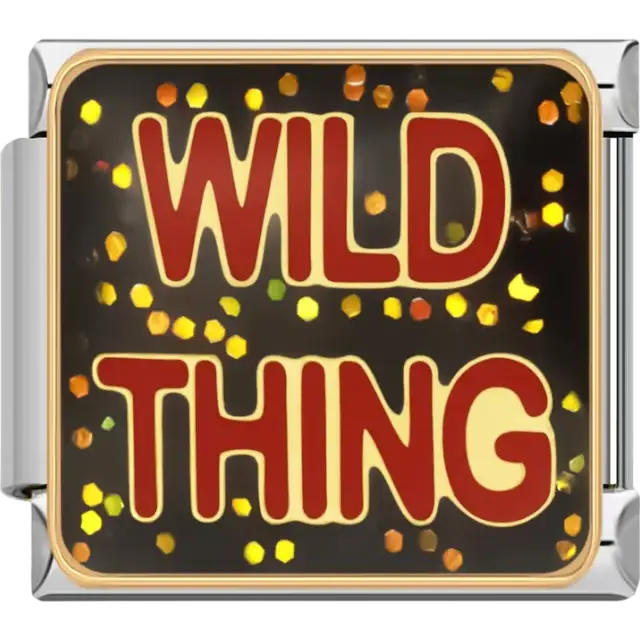 Red "WILD THING" text on a black glitter background with gold accents Italian charm bracelet link