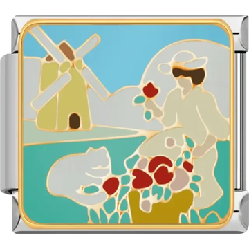 Pastoral design featuring a windmill, tulips, and a person holding a flower with a bright blue background Italian charm bracelet link