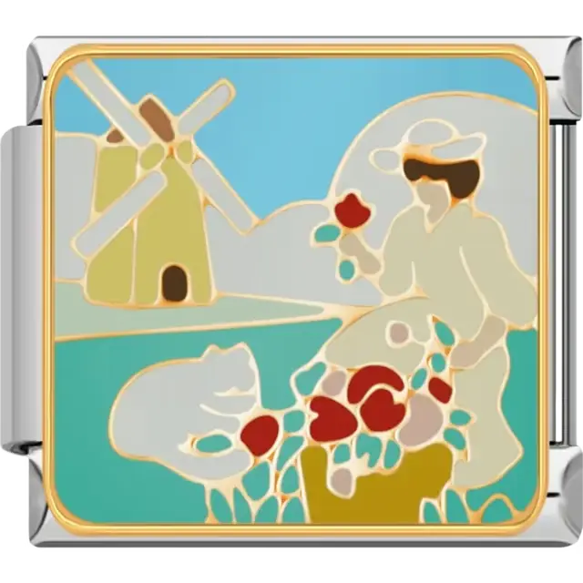 Pastoral design featuring a windmill, tulips, and a person holding a flower with a bright blue background Italian charm bracelet link
