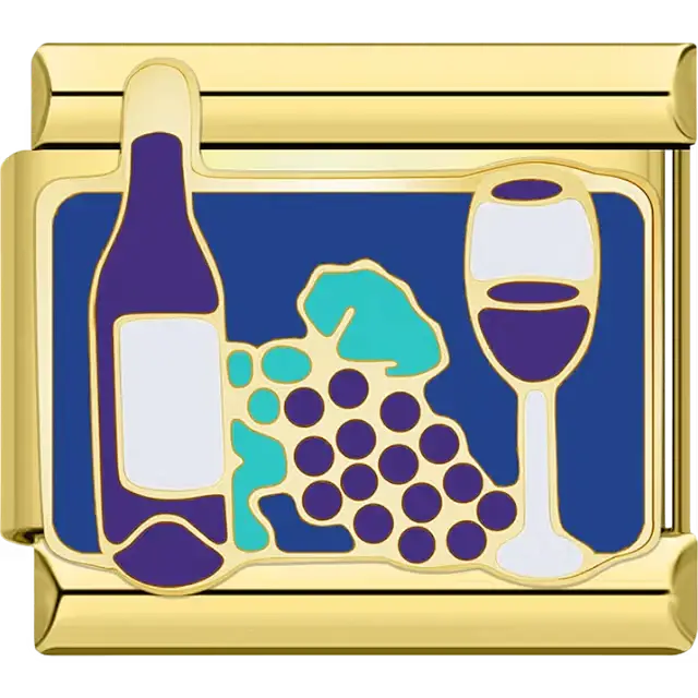 Gold wine bottle and glass with purple grapes and teal leaves on a blue rectangular background Italian charm bracelet link