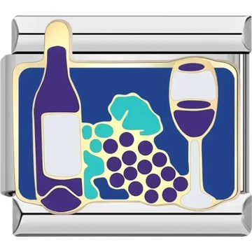 Gold wine bottle and glass with purple grapes and teal leaves on a blue rectangular background Italian charm bracelet link