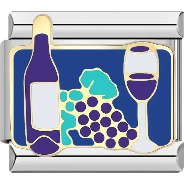 Gold wine bottle and glass with purple grapes and teal leaves on a blue rectangular background Italian charm bracelet link
