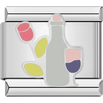 Bottle with glass of wine and red rose with green leaves Italian charm bracelet link