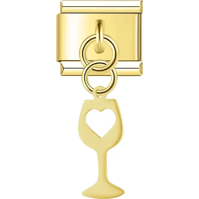 Wine glass with heart cutout dangle Italian charm bracelet link